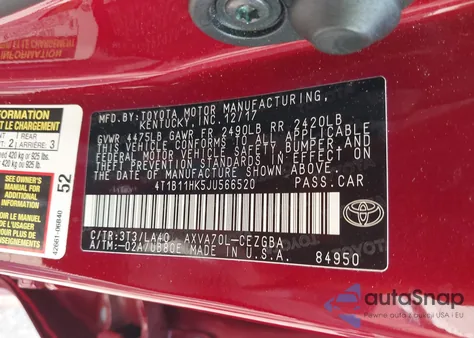 2018 Toyota Camry Xle z USA, uszkodzony, nr VIN 4T1B11HK5JU566520